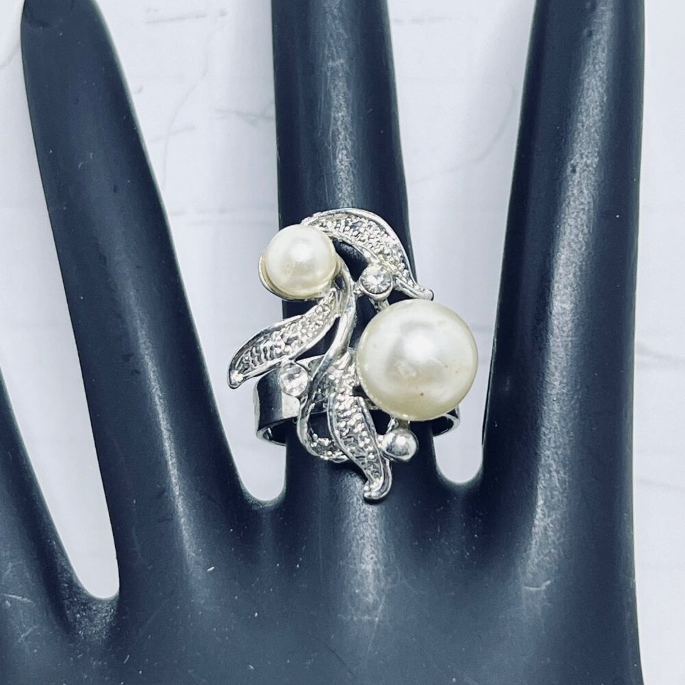 Silver Tone Leaf Design Adjustable Statement Ring With Faux Pearls (R437) - Picture 2 of 7